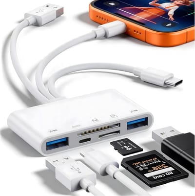 Multifunctionele SD-kaartlezer met adapters voor iPhone en USB-C - ideaal voor snel bestanden overzetten, externe geheugenkaarten en gegevensoverdracht