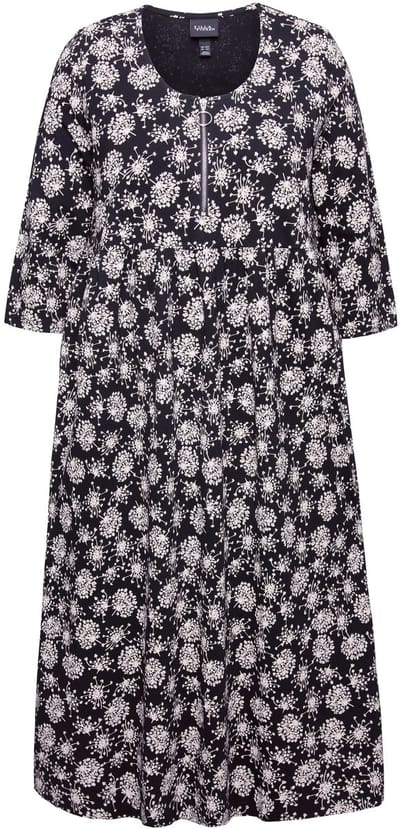 Ulla Popken - Dames - jersey midi-jurk paardenbloemen ronde hals 3/4-mouwen - Zwart - Maat 46+
