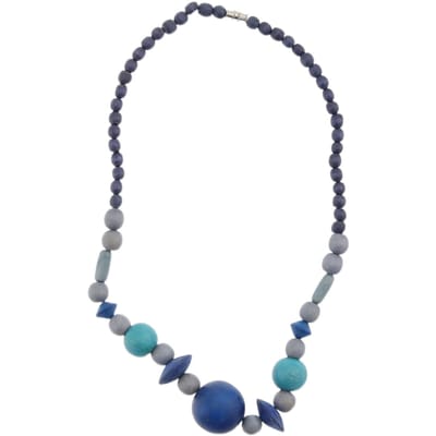 Behave – Houten kralen ketting – 46 cm – Grijs en blauw – Schroefsluiting