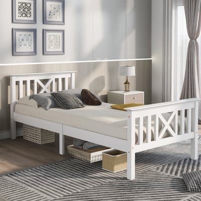 MEUNIQ eenpersoons bedframe 90 x 200 cm met lattenbodem en X-vormig hoofdbord, houten bed voor kinderkamer of jeugdkamer, wit