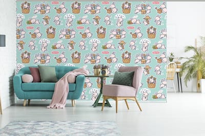 Behang - Fotobehang Konijn - Tuin - Patroon - Breedte 420 cm x hoogte 280 cm