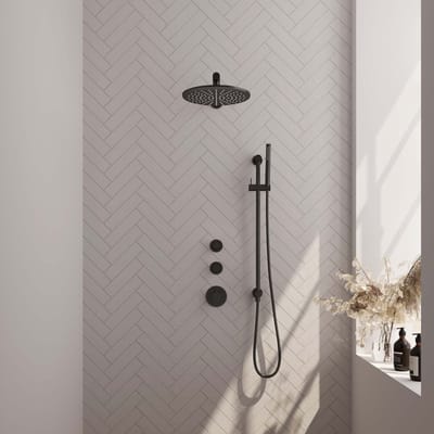 Brauer Black Edition thermostatische inbouw regendouche SET 14 met 30 cm douchekop en rechte muurarm en staaf handdouche en doucheslang en geïntegreerde glijstang mat zwart