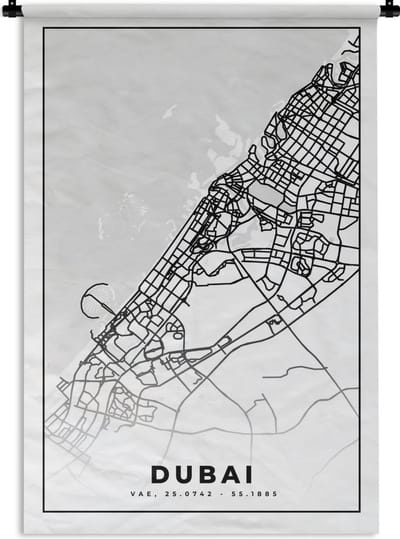 Wandkleed - Wanddoek - Dubai - Kaart - Stadskaart - Plattegrond - Zwart Wit - 120x180 cm - Wandtapijt