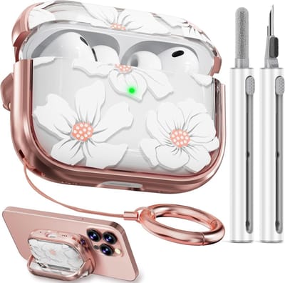 Floral Transparante AirPods Pro 3 Hoes met Schoonmaakset en Sleutelhanger voor Vrouwen en Meisjes, Wit Lelietje, Bescherming en Stijl voor Jouw Oordopjes