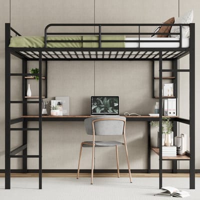 Hoogslaper - 140x200 cm met bureau - geen matras - met vier kleine planken en een grote boekenkast - zwart