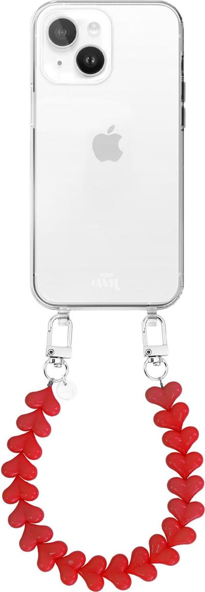 xoxo Wildhearts siliconen hoesje - Geschikt voor iPhone 15 Plus hoesje - Funky Hearts - Telefoonhoesje - Hoesje met koord - Rood koord - kort telefoonkoord - Hartjes ketting - Transparant hoesje