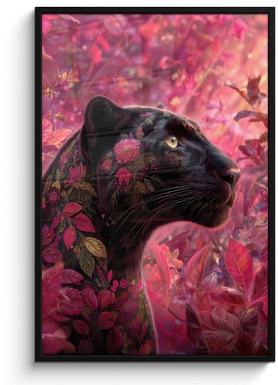 Poster in lijst - Fotolijst 80x120 cm - Posters - Luipaard - Bloemen - Roze - Posterlijst zwart - Decoratie - Wanddecoratie woonkamer - Muurdecoratie slaapkamer