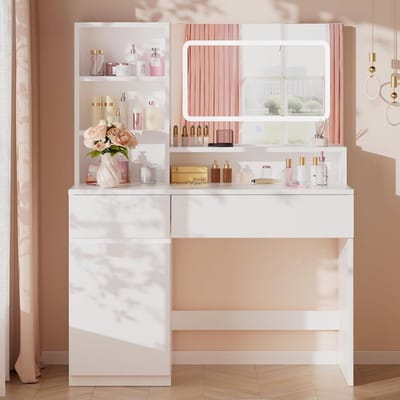 Sierra, Make-uptafel met licht, spiegel met instelbare helderheid, make-upbureau met 2 laden en open planken voor slaapkamer, woonkamer, modern wit