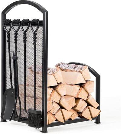 Brandhoutrek met gereedschap - Houthouder open haard - Haardhout opslag - Robuuste metalen constructie - 43x39x70 cm - Zwart