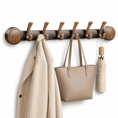 PolkaHome Deurkapstok met 6 Haken, Houtlook, Zuignap, Zonder Boren, Dubbele Rij Hanger, Ruimtebesparend voor Handdoeken, Jassen, Tassen in Badkamer, Hal, Keuken