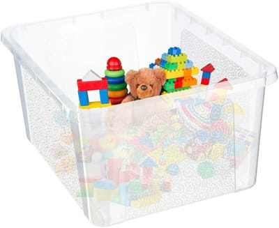 KADAX Rechthoekige opbergdoos met deksel, opbergcontainer, stapelcontainer, plastic doos, kunststof doos, ruimtebesparende opbergdoos (20 l, transparant)