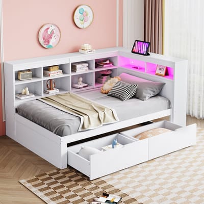 DESMIU Houten Bed 90x200 cm – Eenpersoonsbed Met LED En USB-Oplaadpunt – Hoofdbord Met Opbergruimte En Laden – Voor Slaapkamer Of Logeerkamer – Massief Hout – Wit – Zonder Matras