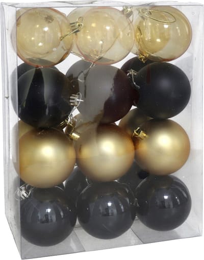 Gerimport kerstballen - 24x - 7 cm - zwart/goud - kunststof - kerstversiering