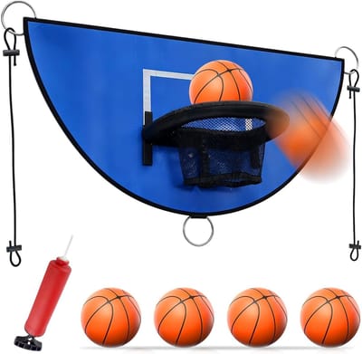 Mini basketbalkorf met 3 mini basketballen voor trampoline, ideaal voor kinderen en volwassenen, geschikt voor binnen en buiten, blauw