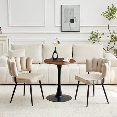 MODENUIT Tafel- En Stoelset - Ronde Tafel 60 Cm - Met Samt Stoelen En Zwarte Metalen Poten - Voor Eetkamer En Woonkamer - MDF En Stof - Lichtkoffie