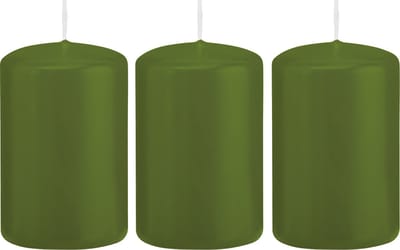 Trend Candles Cilinderkaars/stompkaars - 3x - olijfgroen - 5 x 8 cm - 18 branduren - met brandvertragende folie