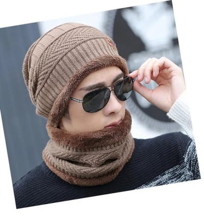 WiseGoods Premium Gebreide Muts & Nekwarmer Set - Warme Unisex Sjaal En Fleece Voering - Beanie & Colsjaal Heren - Col Sjaal Kaki