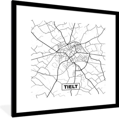 Fotolijst incl. Poster Zwart Wit- Stadskaart – Plattegrond – België – Zwart Wit – Tielt – Kaart - 40x40 cm - Posterlijst