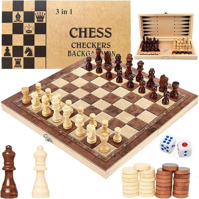 3-in-1 Houten Reisspel: Schaak, Backgammon en Speelbord voor Jong en Oud
