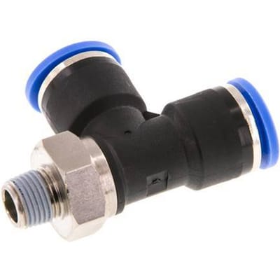 10mm x R1/8'' rechte hoek T-stuk Messing/PA 66 Insteekfitting Buitendraad Draaibaar NBR