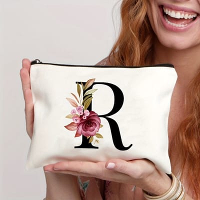 Gepersonaliseerde make-up tasjes van A tot Z - Verjaardagscadeaus - Unieke cadeaus voor bruiden en bruidsmeisjes, met bloemenmotieven, geschikt als bedankjes en voor het organiseren van cosmetica,letter R