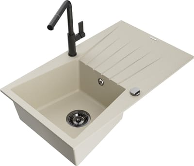 Mexen Cesar granieten spoelbak met 1 bak en afdruiprek en Flora keukenkraan, beige - 6514-69-670401-70-B