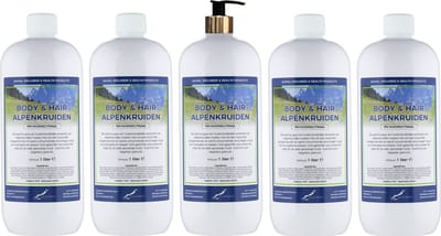 Body & Hair Alpenkruiden 1 liter met gouden pomp - set van 5 stuks - 2 in 1 voor lichaam en haar - voordeelverpakking