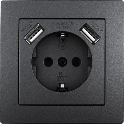 Flair Inbouw wandcontactdoos met randaarde - Stopcontact met 2x USB - 250V, 5V/2.1A - Antraciet