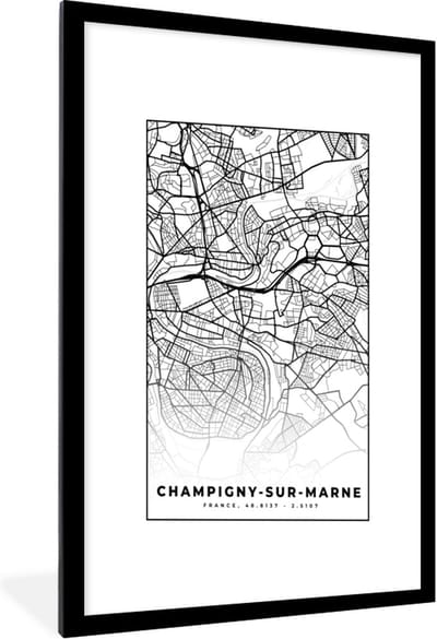 Fotolijst incl. Poster Zwart Wit- Kaart - Plattegrond - Champigny-sur-Marne - Frankrijk - Stadskaart - Zwart wit - 60x90 cm - Posterlijst