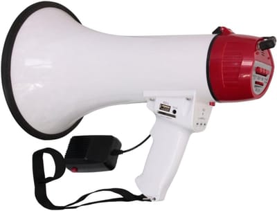 Aurixi® Megafoon met Sirene – Luchthoorn Oplaadbaar – Megafoon Auto – Sirene Met Instelbaar Volume - USB, SD, AUX, MP3 - Stemversterker - Wit & Rood - 34cm x 26cm x 21cm