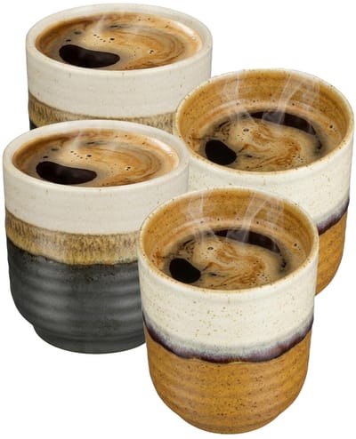 Mica Decorations Koffiemok Ethan - 4x - zwart en terra kleur - zonder oor - 7 x 8 cm - porselein