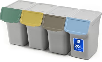 KADAX Afvalemmer met deksel, plastic afvalemmer voor afvalscheiding, rechthoekige afvalemmer met klapdeksel (grijs, 4 x 20 l)