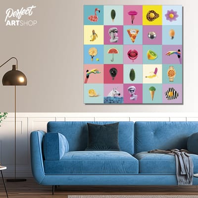 ABSURD ART: 100x100cm Aluminium. Decoratie - Modern - Blauw - Surrealistisch - Grappig - Dieren - Voedsel