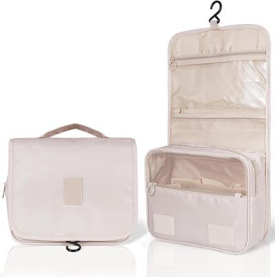 Toilettas - Opvouwbare Haakorganizer voor Cosmetica en Toiletartikelen - Geschikt voor Badkamer Kleedkamer en Hotel - Handige Opslagoplossing - Beige