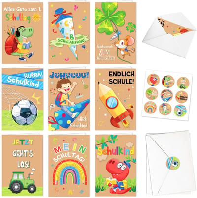 Dailygoods- Kinderwenskaarten Set - 9 Stuks - Wenskaarten Eerste Schooldag - Wenskaarten Blanco - Wenskaarten Verjaardag - Wenskaarten Bedankt
