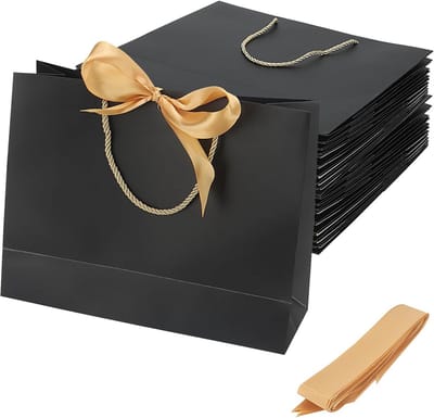 Zwarte Geschenkzakjes - Papieren Tassen - Feestelijke Verpakking - Met Gouden Lint - 32 x 25 x 11 cm - Zwart