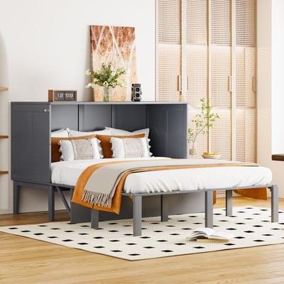 HAUSS SPOLE Kastbed 140x200 cm - Verticaal Klapbed Met Lattenrost - Ruimtebesparend Met Opbergruimte Onder Bed En Baliefunctie - Hout - Grijs - Zonder matras