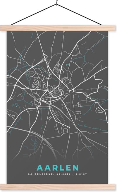 Posterhanger incl. Poster 40x60 cm - Schoolplaat - Plattegrond – Aarlen – Blauw – Stadskaart - Kaart - Textielposter - Blanke latten - Stadskaart
