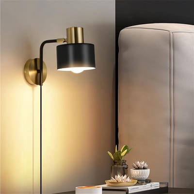 Wandlamp Binnen met Snoer - Binnenwandlamp Met Stekker Voor Binnen - Slaapkamer Bedlampje – Muurlamp Industrieel en Vintage - Zwart