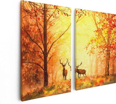 Artaza Canvas Schilderij Tweeluik Getekende Herten In Het Bos - Herfst - 80x60 cm - Wanddecoratie Woonkamer - Schilderijen - Muurdecoratie