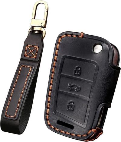 Leren Autosleutelhoes Geschikt voor VW Golf 7 MK7, Polo, T-ROC, Tiguan, Touran, Skoda Karoq, Superb en Seat Leon - Sleutelbescherming, Sleutelcover en Sleutelhanger in Zwart