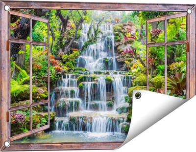 Gards Tuinposter Doorkijk Tropische Waterval in Thailand - 60x40 cm - Tuindoek - Tuindecoratie - Wanddecoratie buiten - Tuinschilderij
