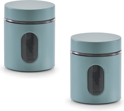 Zeller keuken Voorraadpot - 2x - met venster - eucalyptus groen - 600 ml - D10 x H12,5 cm