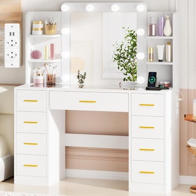 Grote Kaptafel met Verstelbare LED Verlichting en Spiegel, Make-up Tafel met Stopcontact