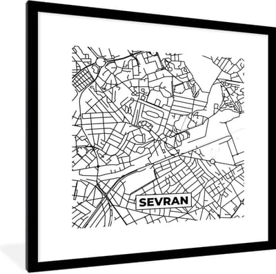 Fotolijst incl. Poster Zwart Wit- Plattegrond - Kaart - Frankrijk - Stadskaart - Sevran - Zwart wit - 40x40 cm - Posterlijst