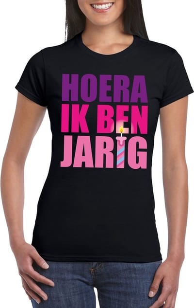 Hoera ik ben jarig t-shirt zwart / roze voor dames - verjaardag shirt S
