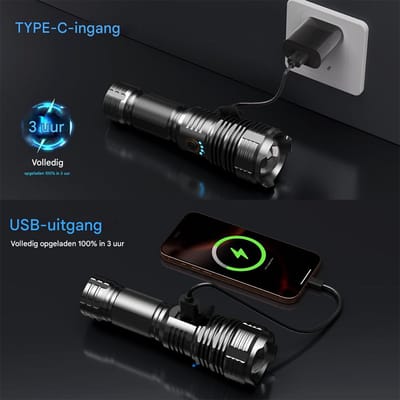 Superheldere LED Zaklamp met USB Powerbank – Oplaadbare XHP70 Zaklamp tot 1500m Bereik – Waterdicht IPX6 voor Camping & Noodgevallen