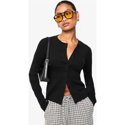 boohoo Dames Geribbelde top met knoopsluiting en lange mouwen | Zwart | Maat: 34