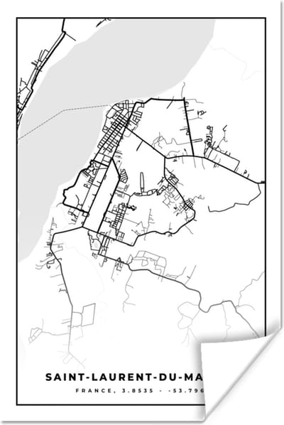 Poster Stadskaart - Frankrijk - Kaart - Saint-Laurent-du-Maroni - Plattegrond - Zwart wit - 120x180 cm XXL