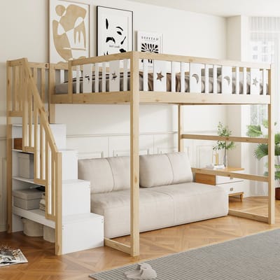 Wishdor Kinderhoogslaper 140 x 200 cm – Brede Trap met Opbergvakken – Ster- en Maandecoratie – Onderste Zit- en Speelruimte – Ruim Ligvlak – Geschikt voor Natuurlijk Ingerichte Kinderkamer – Grenenhout, Multiplex en MDF – Naturel en Wit